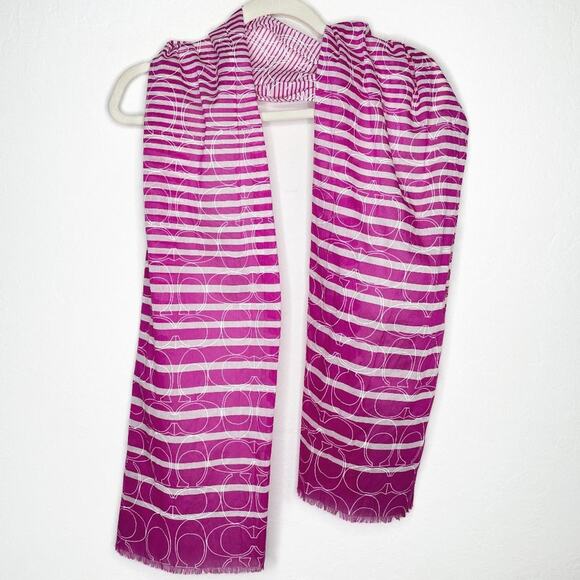 Coach Pink and White Striped Signature Logo C Cotton Raw Cut Lightweight Scarf - Picture 1 of 8